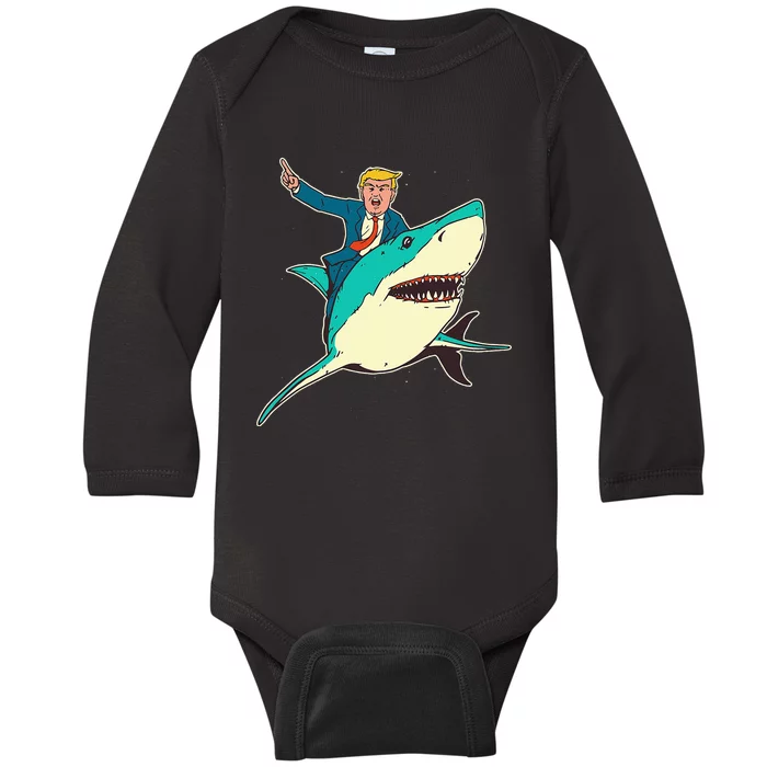 Trump Rides A Shark Trump Shark Baby Long Sleeve Bodysuit