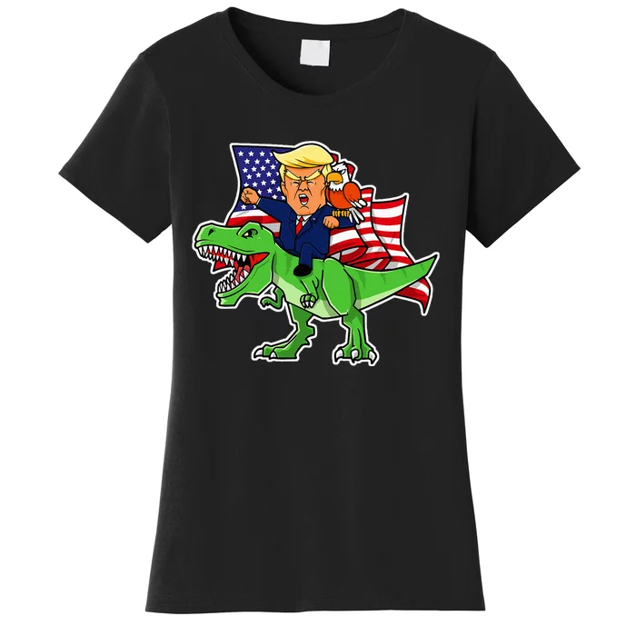 Trump Riding A Dinosaur Trex Funny Merica Patriotic Women's T-Shirt