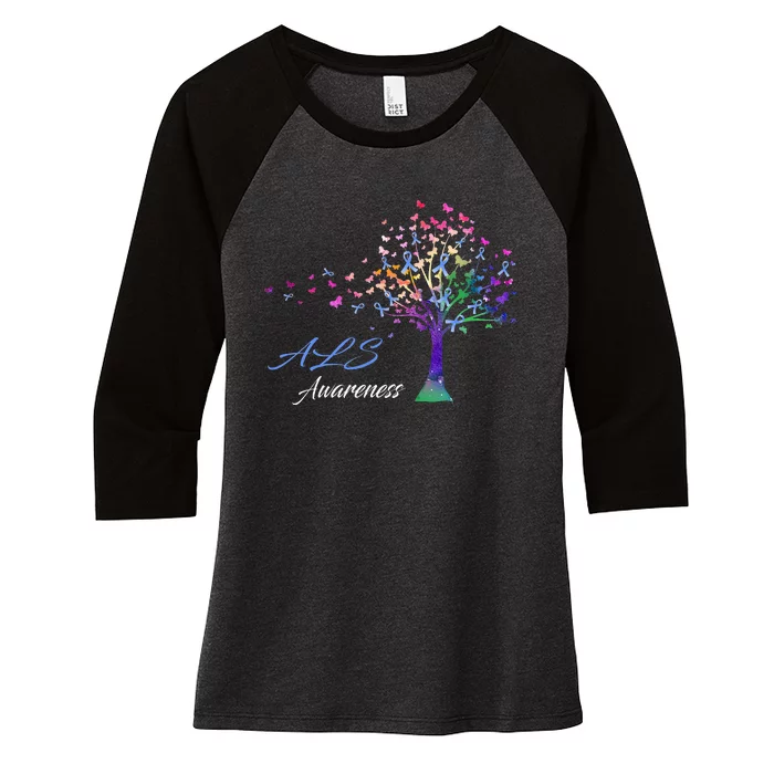 Tree Ribbon ALS Awareness Women's Tri-Blend 3/4-Sleeve Raglan Shirt