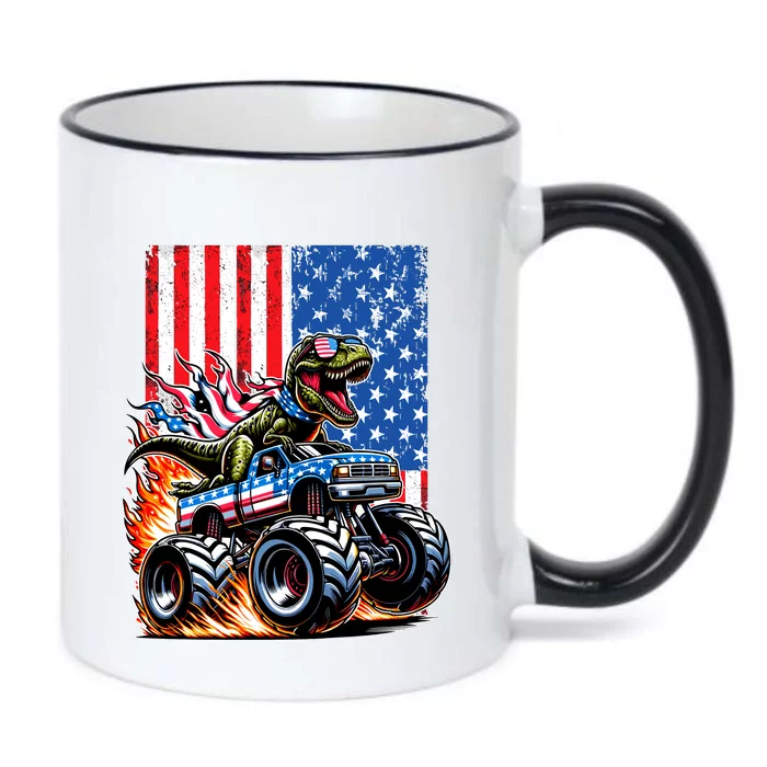 Trex Riding American Monster Truck Usa Flag Black Color Changing Mug