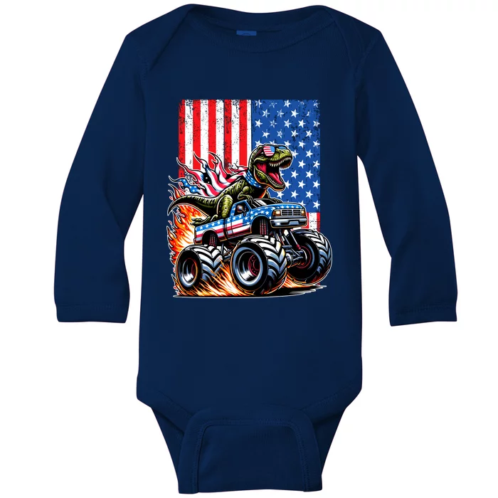 Trex Riding American Monster Truck Usa Flag Baby Long Sleeve Bodysuit