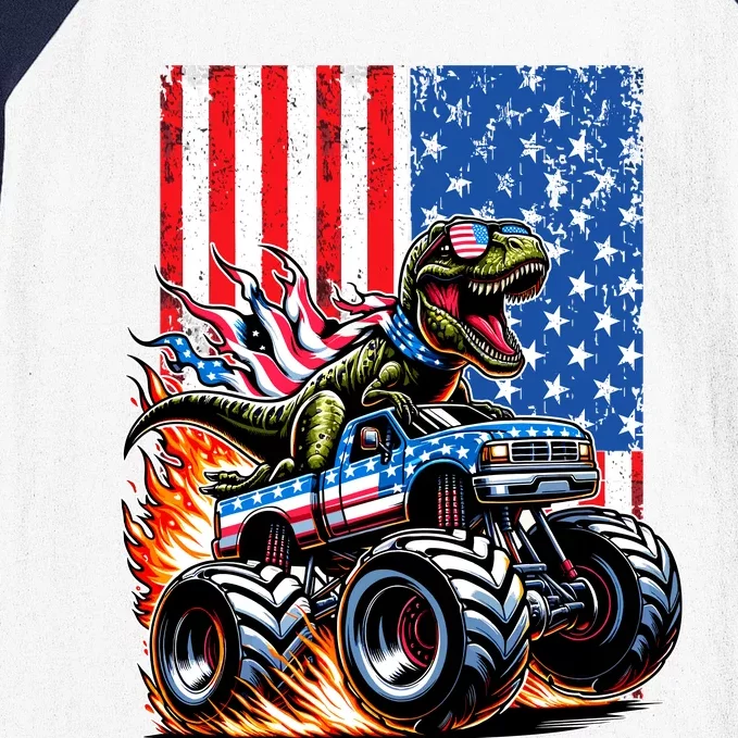 Trex Riding American Monster Truck Usa Flag Baseball Sleeve Shirt