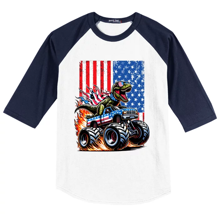 Trex Riding American Monster Truck Usa Flag Baseball Sleeve Shirt