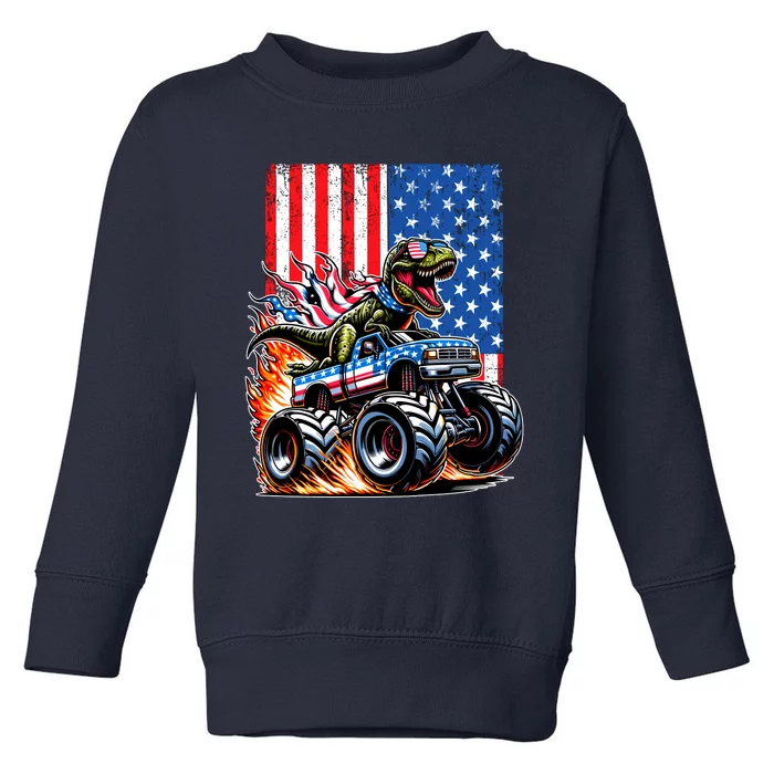 Trex Riding American Monster Truck Usa Flag Toddler Sweatshirt