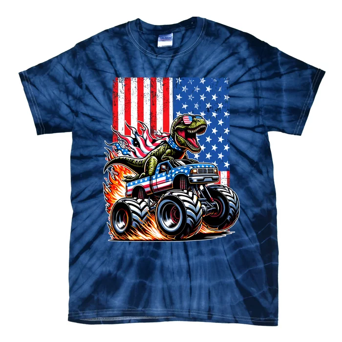 Trex Riding American Monster Truck Usa Flag Tie-Dye T-Shirt