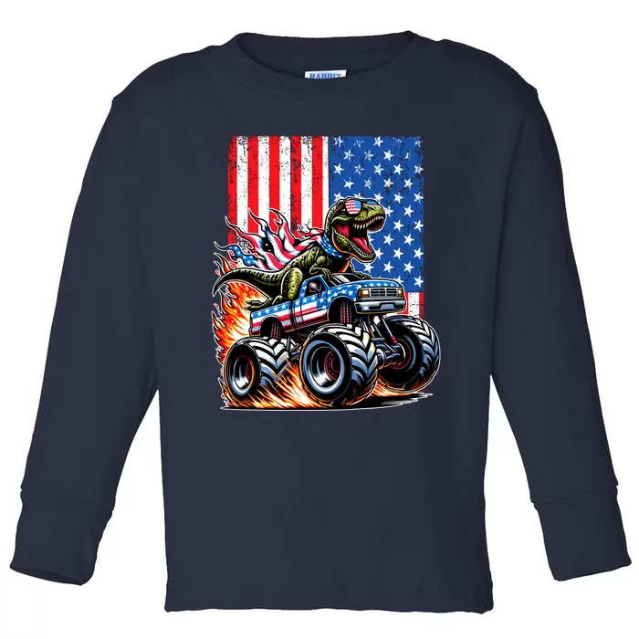 Trex Riding American Monster Truck Usa Flag Toddler Long Sleeve Shirt