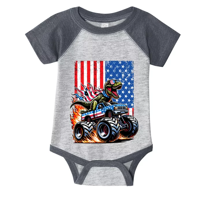 Trex Riding American Monster Truck Usa Flag Infant Baby Jersey Bodysuit