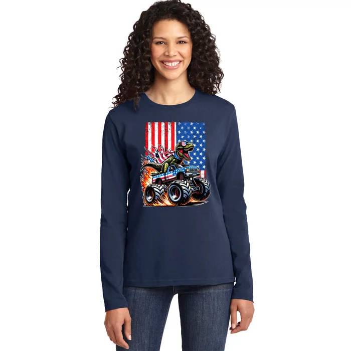 Trex Riding American Monster Truck Usa Flag Ladies Long Sleeve Shirt