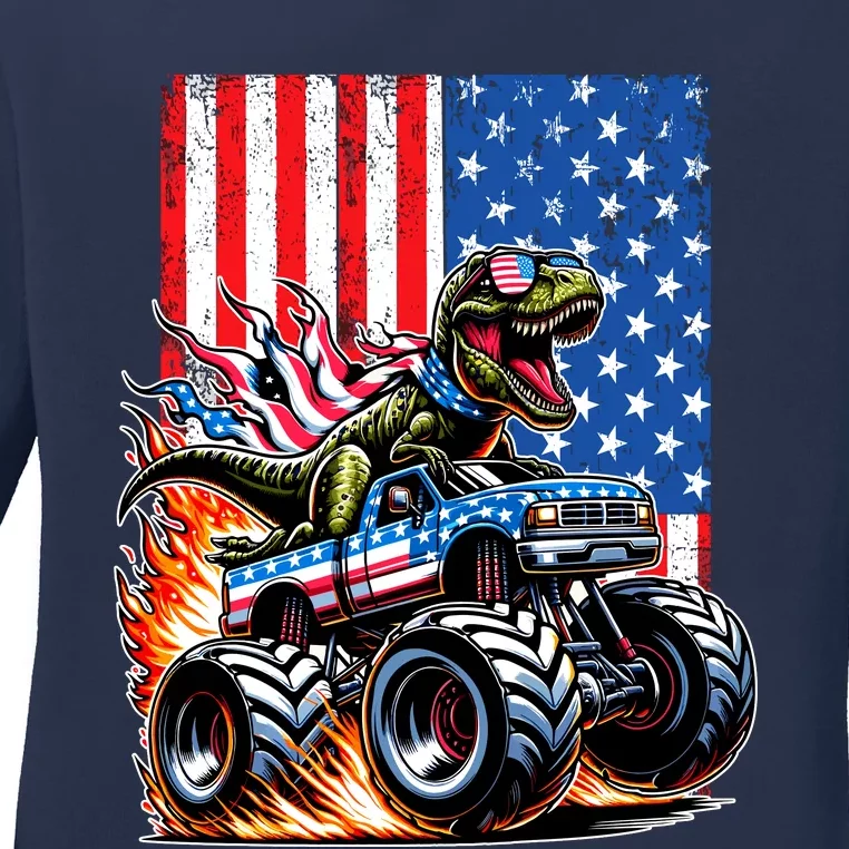 Trex Riding American Monster Truck Usa Flag Ladies Long Sleeve Shirt