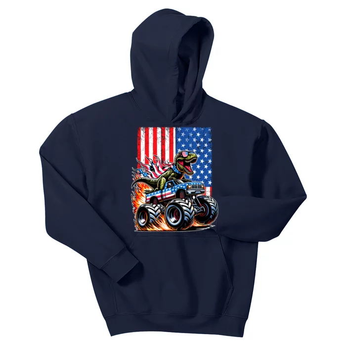 Trex Riding American Monster Truck Usa Flag Kids Hoodie