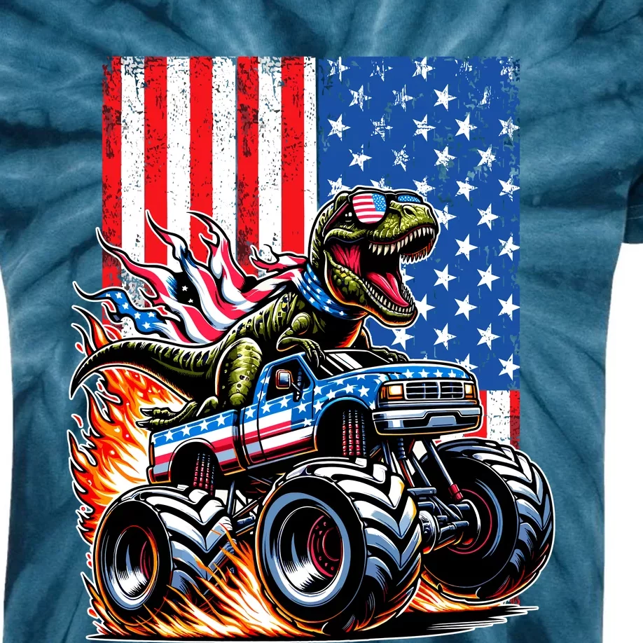 Trex Riding American Monster Truck Usa Flag Kids Tie-Dye T-Shirt