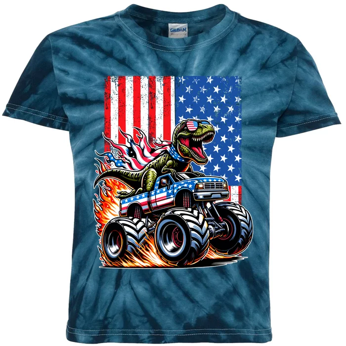 Trex Riding American Monster Truck Usa Flag Kids Tie-Dye T-Shirt