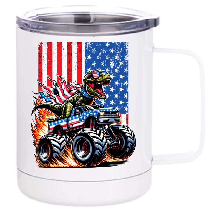 Trex Riding American Monster Truck Usa Flag Front & Back 12oz Stainless Steel Tumbler Cup