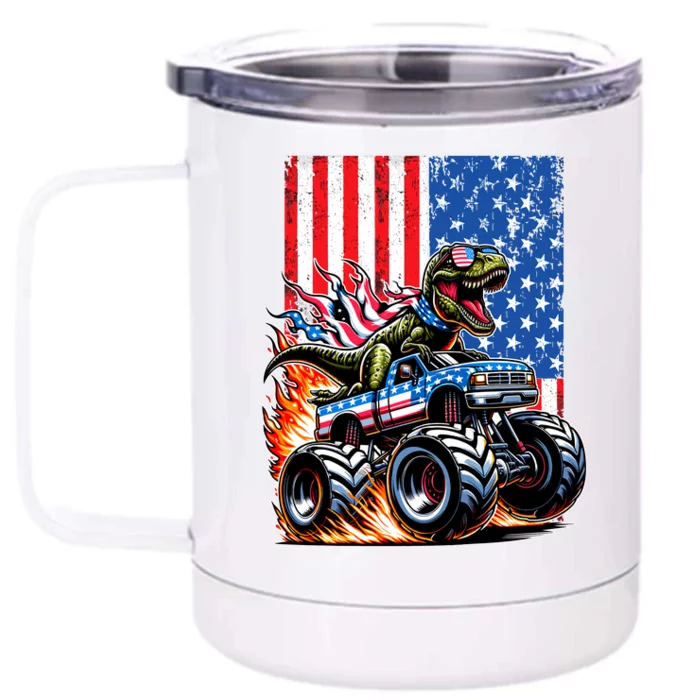 Trex Riding American Monster Truck Usa Flag Front & Back 12oz Stainless Steel Tumbler Cup