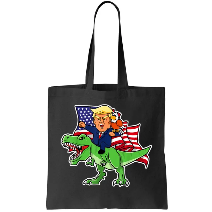 Trump Riding A Dinosaur TRex Funny Merica Patriotic July 4th Tote Bag