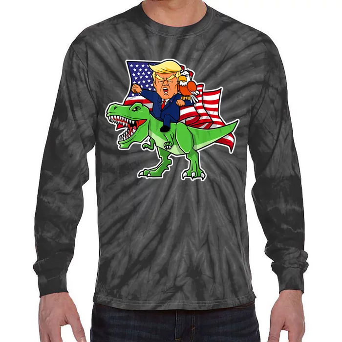 Trump Riding A Dinosaur TRex Funny Merica Patriotic July 4th Tie-Dye Long Sleeve Shirt