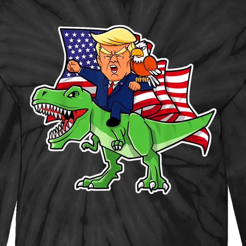 Trump Riding A Dinosaur TRex Funny Merica Patriotic July 4th Tie-Dye Long Sleeve Shirt