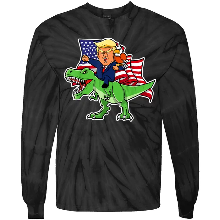 Trump Riding A Dinosaur TRex Funny Merica Patriotic July 4th Tie-Dye Long Sleeve Shirt