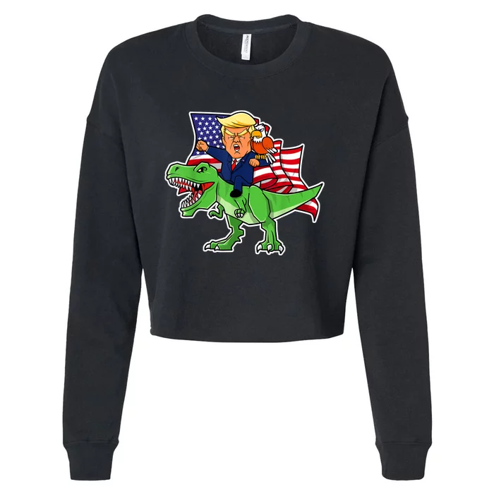 Trump Riding A Dinosaur TRex Funny Merica Patriotic July 4th Cropped Pullover Crew