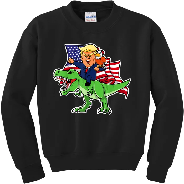 Trump Riding A Dinosaur TRex Funny Merica Patriotic July 4th Kids Sweatshirt