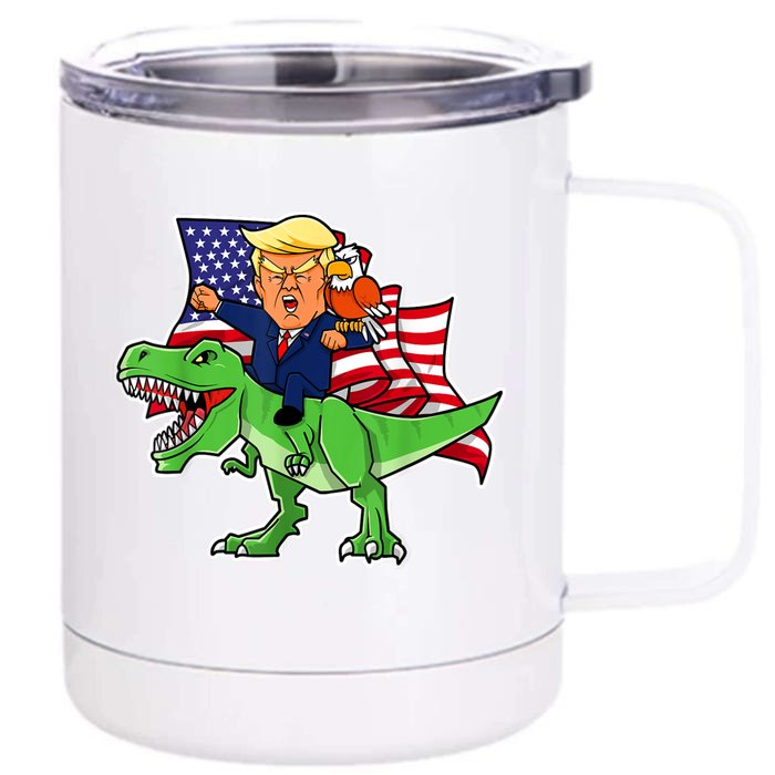 Trump Riding A Dinosaur TRex Funny Merica Patriotic July 4th Front & Back 12oz Stainless Steel Tumbler Cup