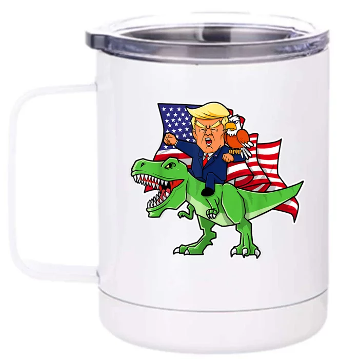 Trump Riding A Dinosaur TRex Funny Merica Patriotic July 4th Front & Back 12oz Stainless Steel Tumbler Cup