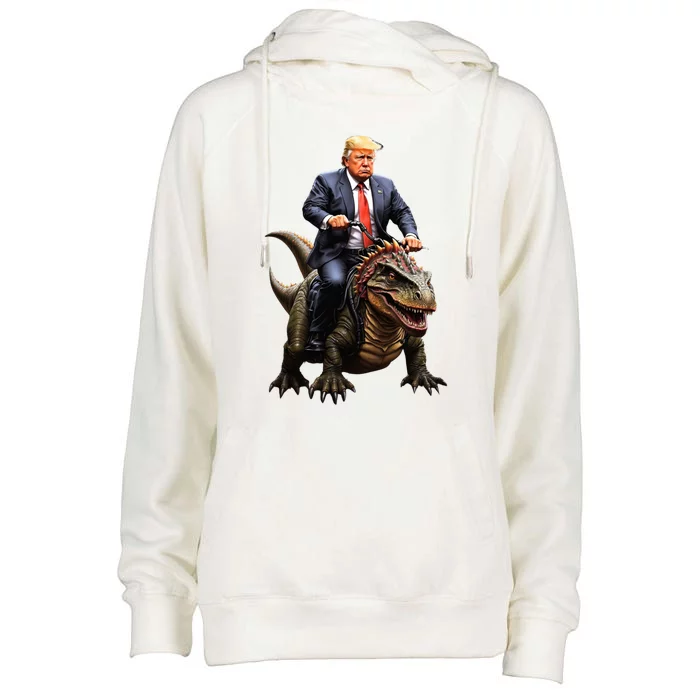 Trump Riding A Dinosaur Trex Suppor Trump Funny Gift Womens Funnel Neck Pullover Hood