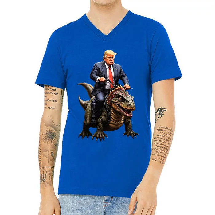 Trump Riding A Dinosaur Trex Suppor Trump Funny Gift V-Neck T-Shirt