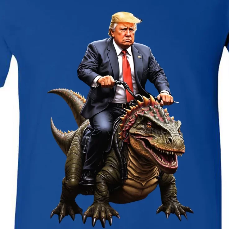 Trump Riding A Dinosaur Trex Suppor Trump Funny Gift V-Neck T-Shirt