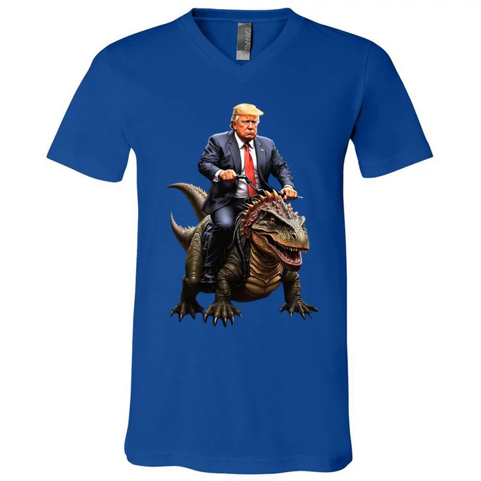 Trump Riding A Dinosaur Trex Suppor Trump Funny Gift V-Neck T-Shirt