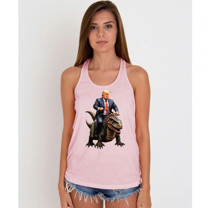 Trump Riding A Dinosaur Trex Suppor Trump Funny Gift Women's Knotted Racerback Tank