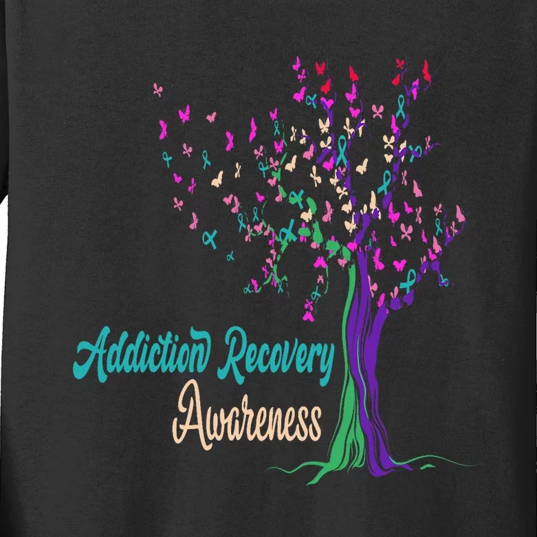 Tree Ribbon Addiction Recovery Awareness Kids Long Sleeve Shirt