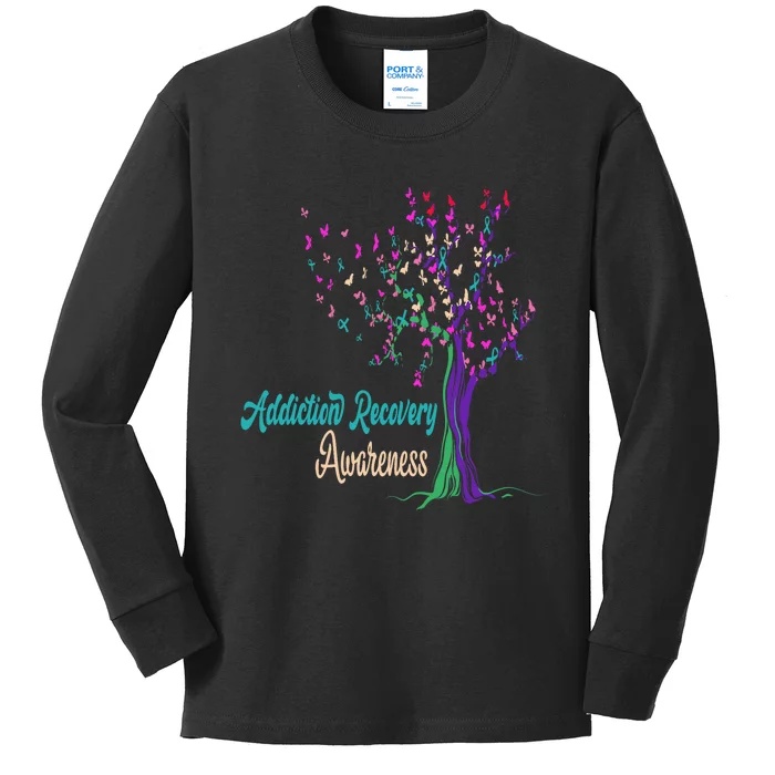 Tree Ribbon Addiction Recovery Awareness Kids Long Sleeve Shirt