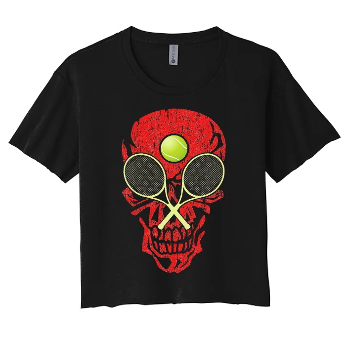 tennis racquet and ball skull sports halloween costume Women's Crop Top Tee