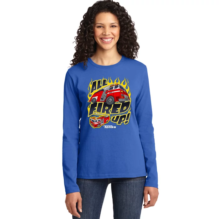 Tonka Rescue All Fired Up! Fire Truck Flames Logo Gift Ladies Long Sleeve Shirt