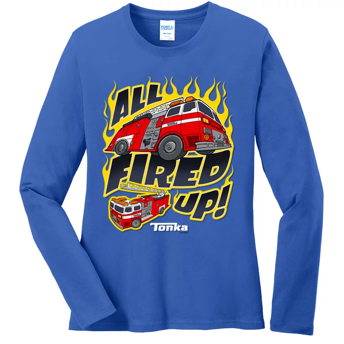 Tonka Rescue All Fired Up! Fire Truck Flames Logo Gift Ladies Long Sleeve Shirt