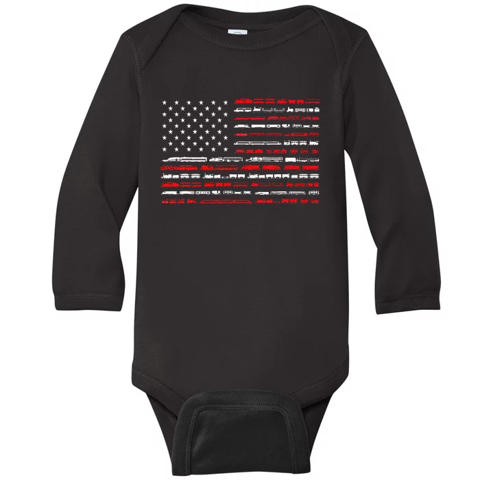 Train Railroad American Flag Vintage Locomotive Baby Long Sleeve Bodysuit