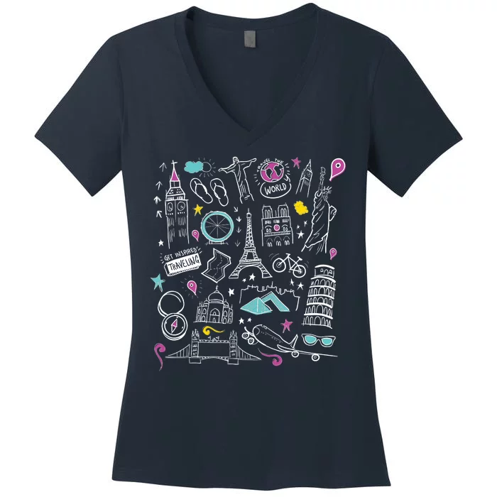 Travel The World Cute Women's V-Neck T-Shirt