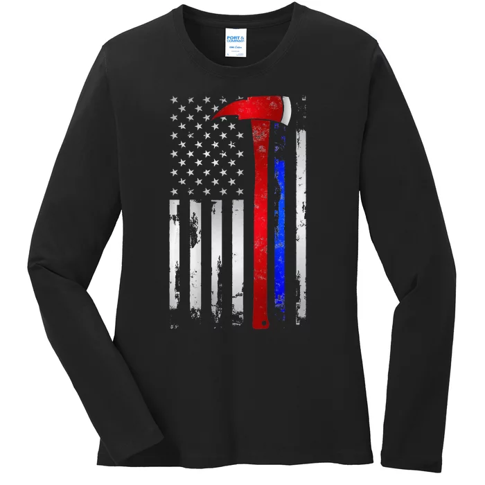 Thin Red Blue line American Flag Axe gift Firefighter Police Ladies Long Sleeve Shirt