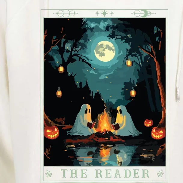 The Reader Bookish Cute Spooky Ghost Reading Book Tarot Card Womens Funnel Neck Pullover Hood