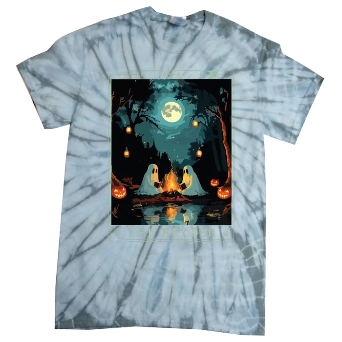 The Reader Bookish Cute Spooky Ghost Reading Book Tarot Card Tie-Dye T-Shirt