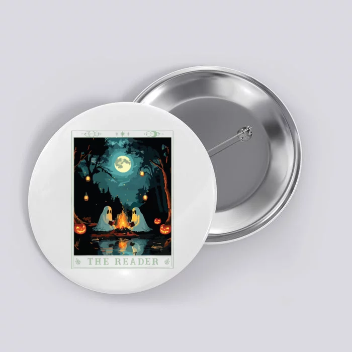 The Reader Bookish Cute Spooky Ghost Reading Book Tarot Card Button