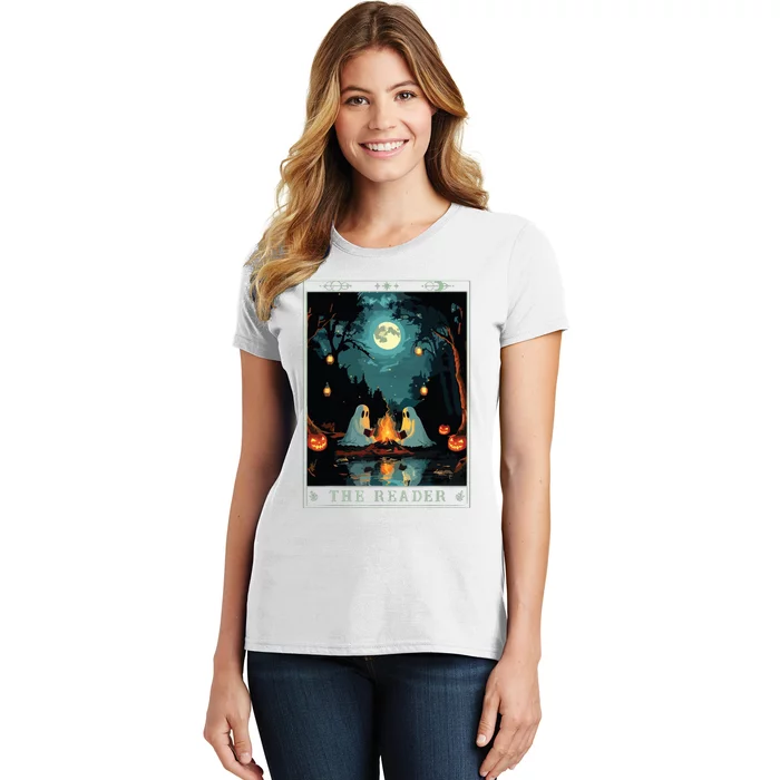 The Reader Bookish Cute Spooky Ghost Reading Book Tarot Card Women's T-Shirt