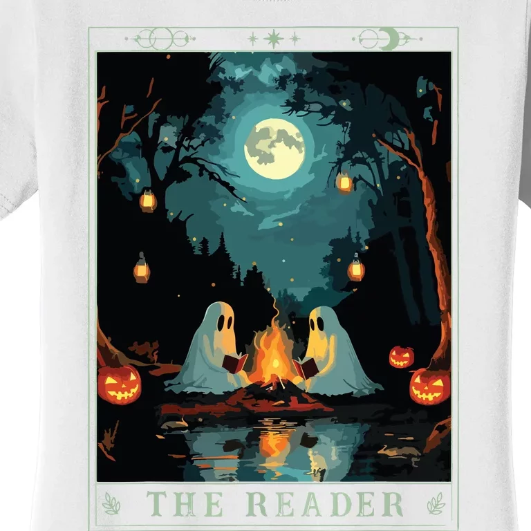 The Reader Bookish Cute Spooky Ghost Reading Book Tarot Card Women's T-Shirt