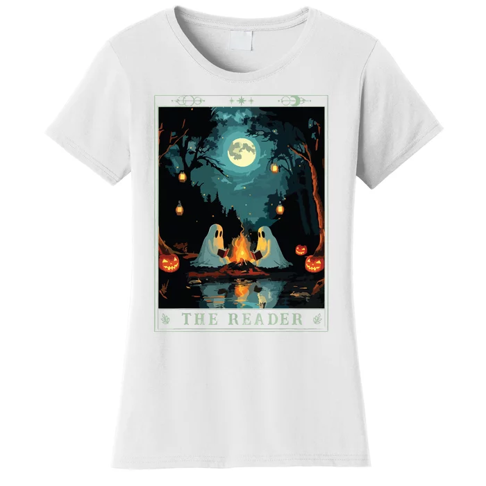 The Reader Bookish Cute Spooky Ghost Reading Book Tarot Card Women's T-Shirt