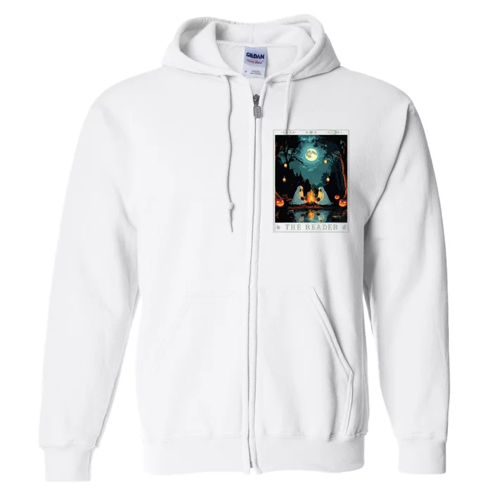 The Reader Bookish Cute Spooky Ghost Reading Book Tarot Card Full Zip Hoodie