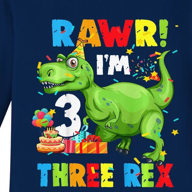 Three Rex Birthday Party Outfit Dinosaur 3 Year Old Boy Baby Long Sleeve Bodysuit