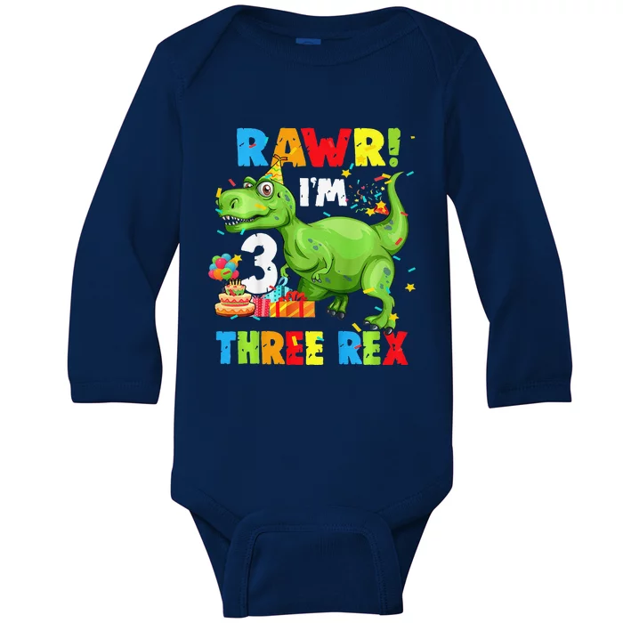 Three Rex Birthday Party Outfit Dinosaur 3 Year Old Boy Baby Long Sleeve Bodysuit