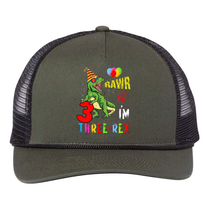 Three Rex Birthday Party Outfit Dinosaur 3 Year Old Boy Girl Retro Rope Trucker Hat Cap