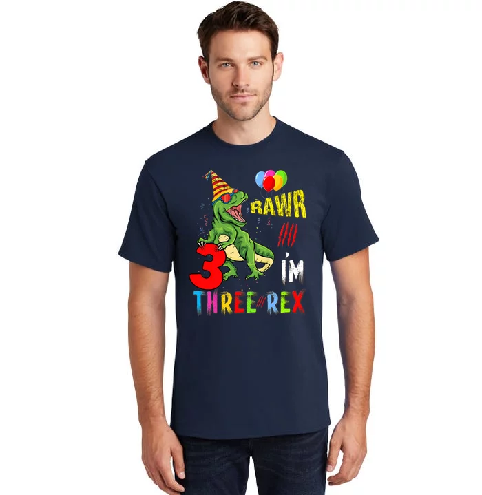 Three Rex Birthday Party Outfit Dinosaur 3 Year Old Boy Girl Tall T-Shirt